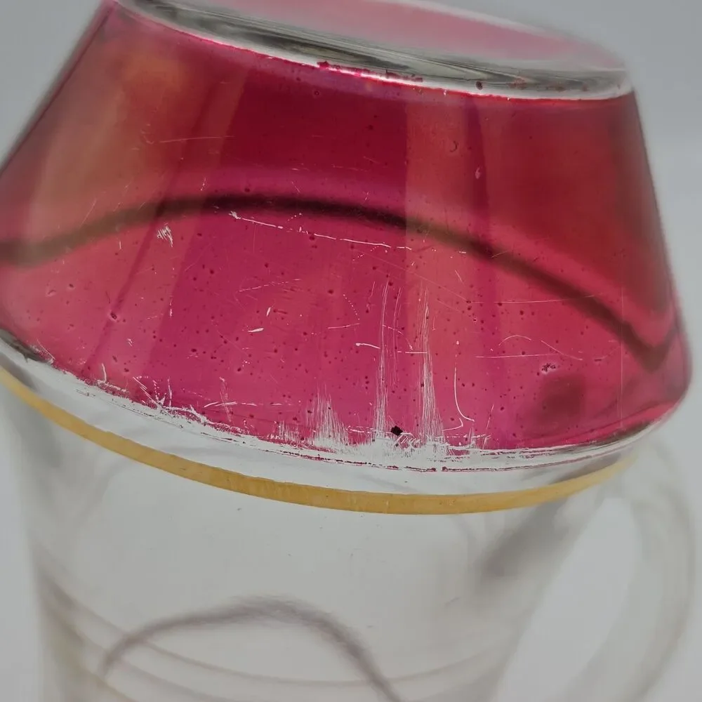 Vintage MCM Glass Pitcher Cranberry Iridescent Gold Rings Flat Pitcher Ice Lip